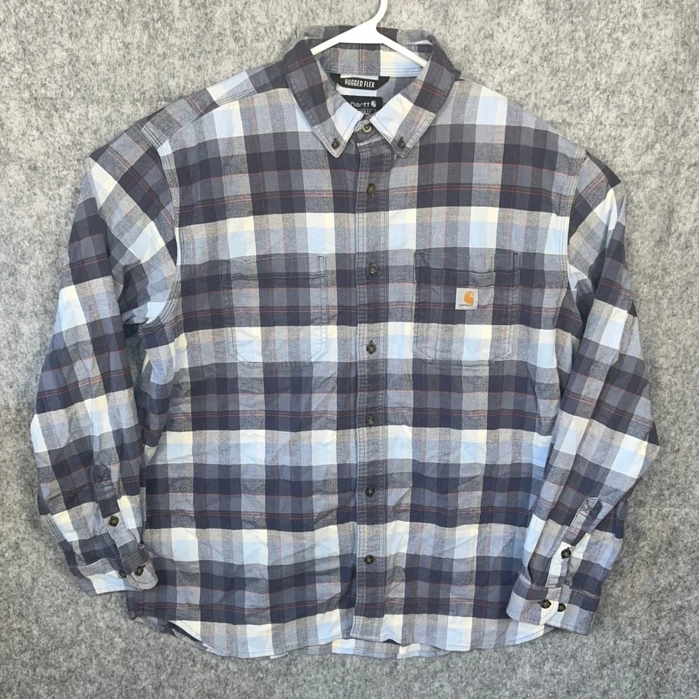 Carhartt Men's Rugged Flex Relaxed Fit Plaid Flannel Shirt XL Blue Grey 104909